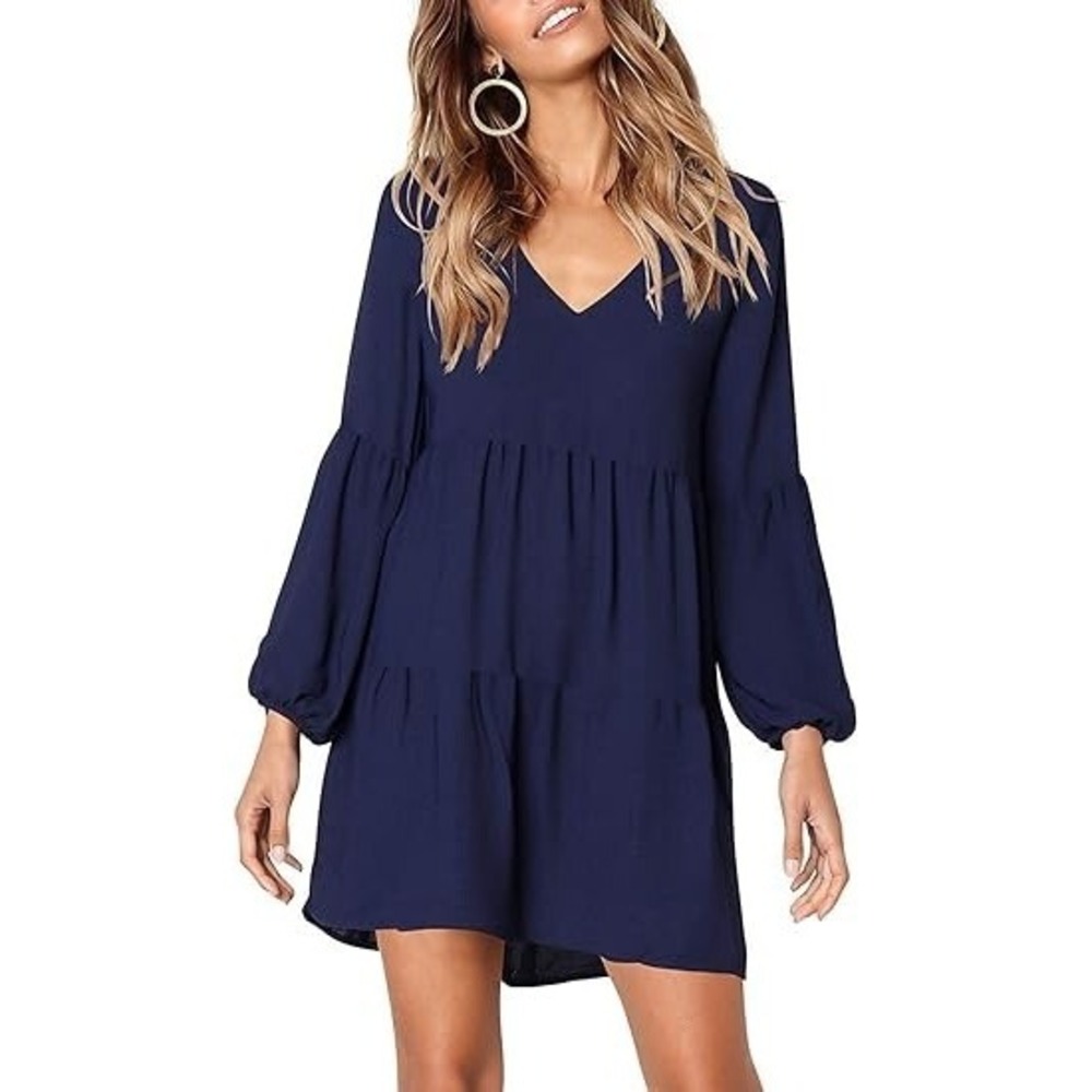 MissLook Women Long Sleeve Tunic Dress V Neck Ruffle Loose Mini Swing Shift XL